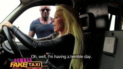 Blonde MILF with huge tits takes on a huge black cock in a fake taxi ride and gets a cumshot - sexu.com