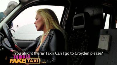 Blonde MILF with huge tits takes on a huge black cock in a fake taxi ride and gets a cumshot - sexu.com