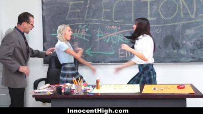Emma Hix - Audrey Charliize & Emma Hix team up to take on Teacher's big cock in a wild 3some - sexu.com