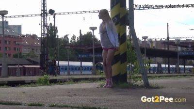 Blonde teen desperate for some golden shower in public train station - sexu.com - Czech Republic