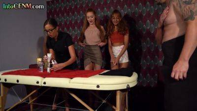 CFNM British femdom babes suck cock in group on massage - txxx.com - Britain